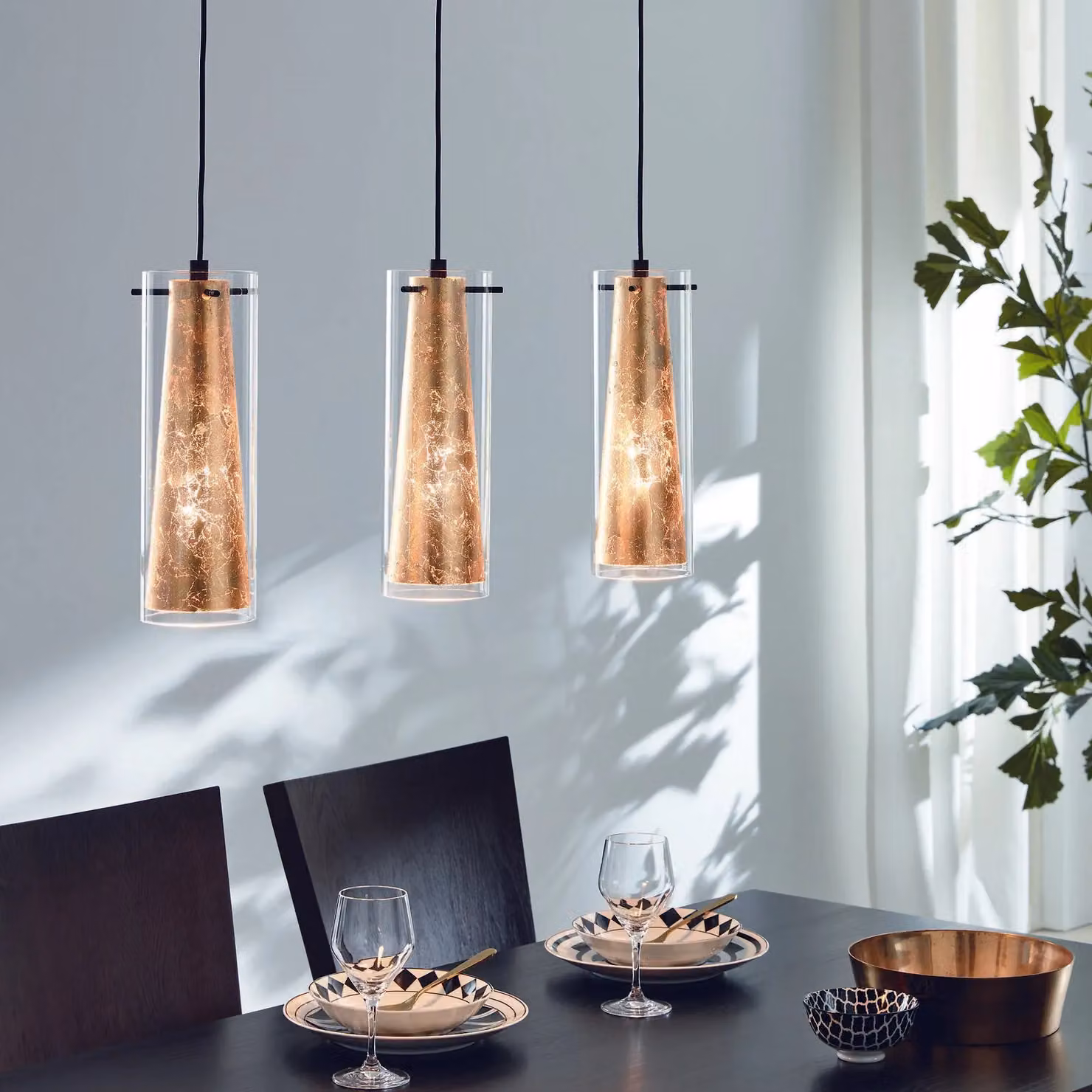 Loops Pendant Ceiling Light with Black Shade, Gold Inner Detail and Transparent Glass, E27, 3x60W – 2