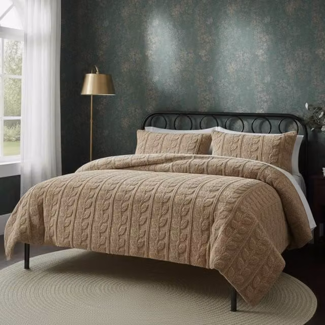 Snug City Ultra Soft Teddy Fleece Duvet Cover and Pillowcase Set with Embossed Leaves in Beige, Single (90 x 200 cm) – 1