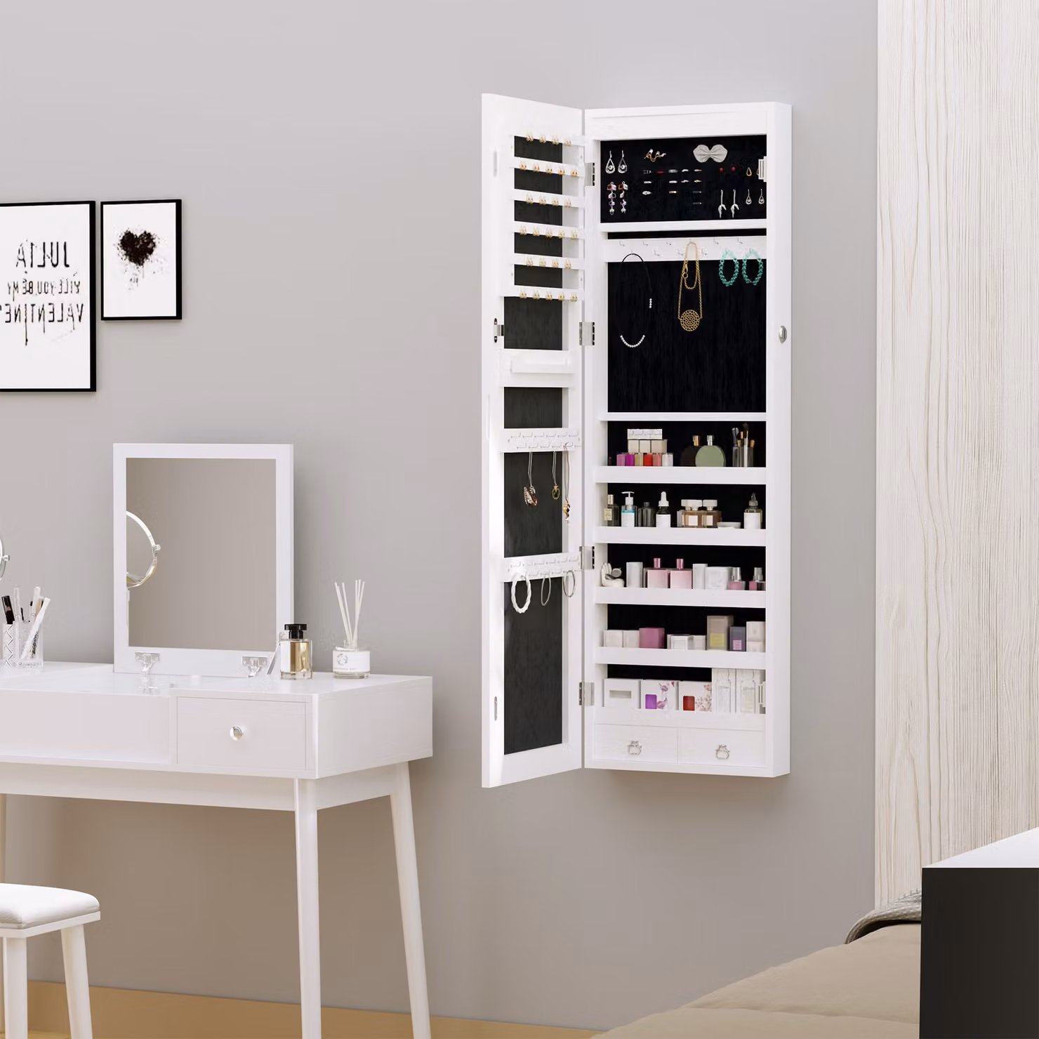 HOMCOM White Mirrored Jewellery Cabinet with LED Lights, Lockable Wall or Door Mounted Organiser – 5