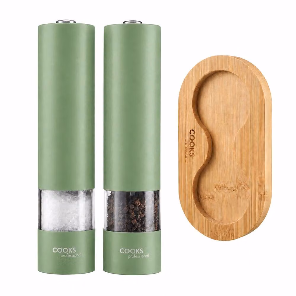 Cooks Professional Electric Salt and Pepper Mill Automatic Grinder with Stainless Steel and Bamboo Base in Green – 3
