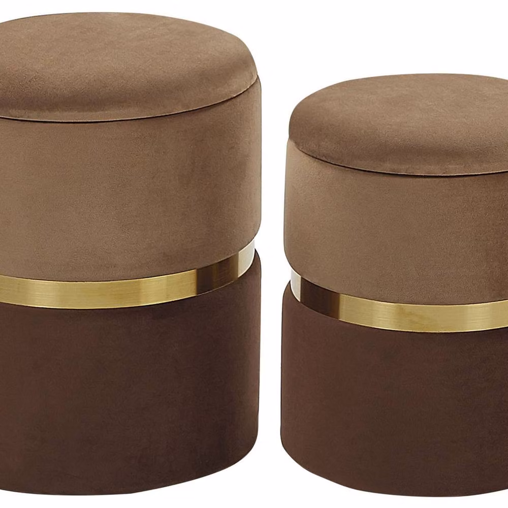 Wyld and Coco Set of 2 Brown Velvet Cylindrical Storage Pouffes with Gold Metal Detail – 2