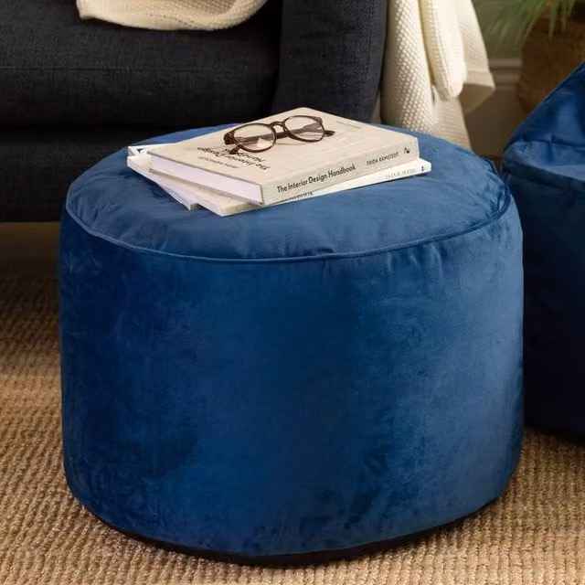 icon Milano Navy Blue Velvet Round Bean Bag Footstool – 1