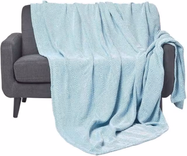 Homescapes Cotton Chevron Woven Throw with Fringes in Petrol, Grey and Turquoise, W: 255 cm