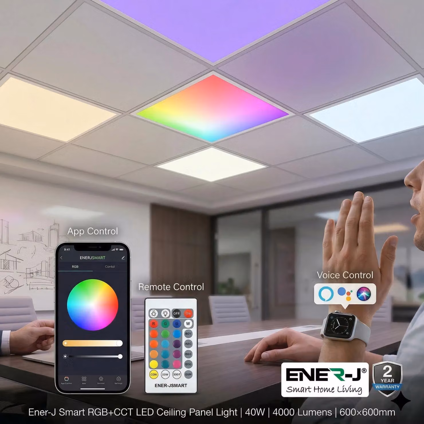 ENER-J Smart RGB CCT Backlit LED Panel, 40W, 4000 Lumen, White and Multicolour, W/D: 60 x 60 cm – 2