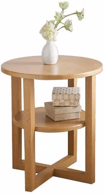 FLAVORA 2 Tier Round Small Sofa Side Table in Brown Natural Wood Finish