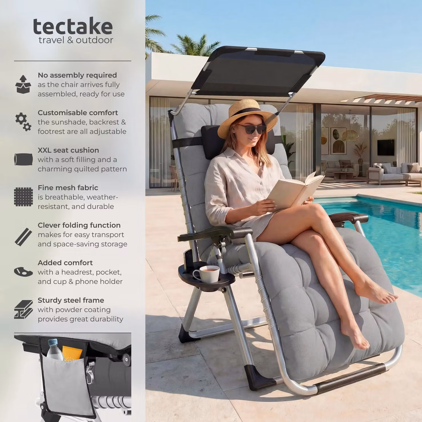 tectake Cirrus 1 Seater Sun Lounger in Grey with Sun Canopy and Adjustable Headrest – 2