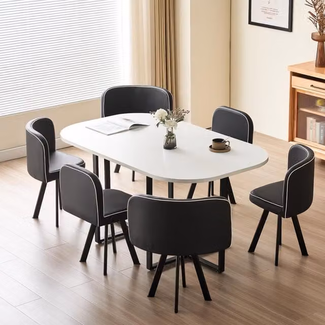 Comfy Living Modern White Square Dining Table and 6 Chairs Set with Black Metal Legs