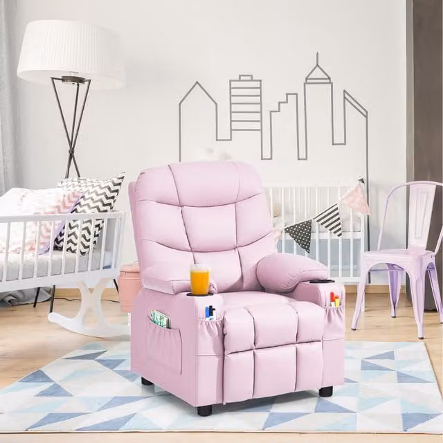 Costway Pink Kids Recliner Chair with Synthetic Leather and Solid Wood Frame