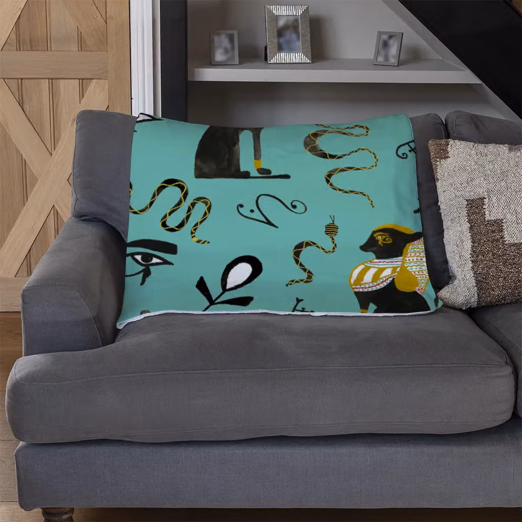 Benjamin Tate Design Hand Painted Abstract Ancient Egypt Horus Eye Signs Fleece Blanket in Green and Beige, W/D/H: 120 x 150 cm – 3
