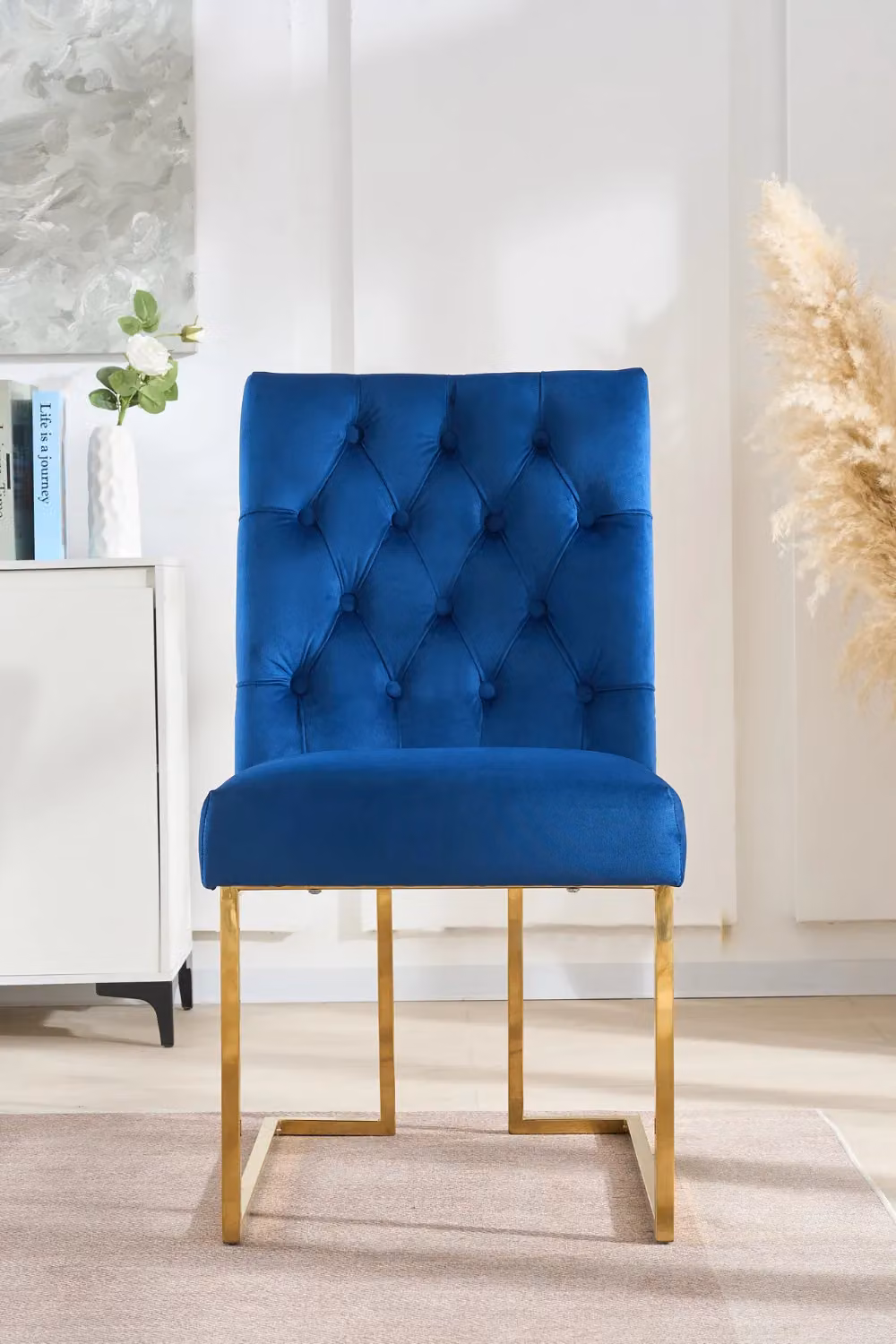 Life Interiors Set of 4 Siena Luxury Tufted Velvet Dining Chairs with Gold Frame in Blue – 2