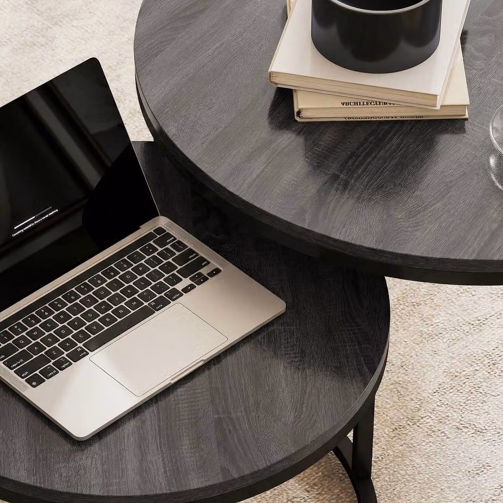 STILVORA Set of 2 Round Nesting Coffee Tables with Black Steel Frame and MDF Tops – 10