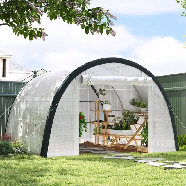 Outsunny Upgraded White Walk in Polytunnel Greenhouse with Galvanised Steel Frame