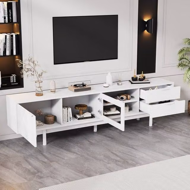 BTM White Minimalist TV Cabinet with Two Doors and Two Drawers, W: 200 cm, D: 40 cm, H: 50.5 cm