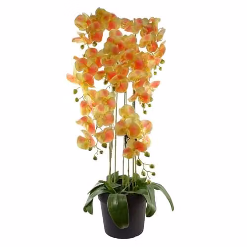 Botanik Yellow Peach Artificial Orchid Plant in Green Pot, Height: 110 cm