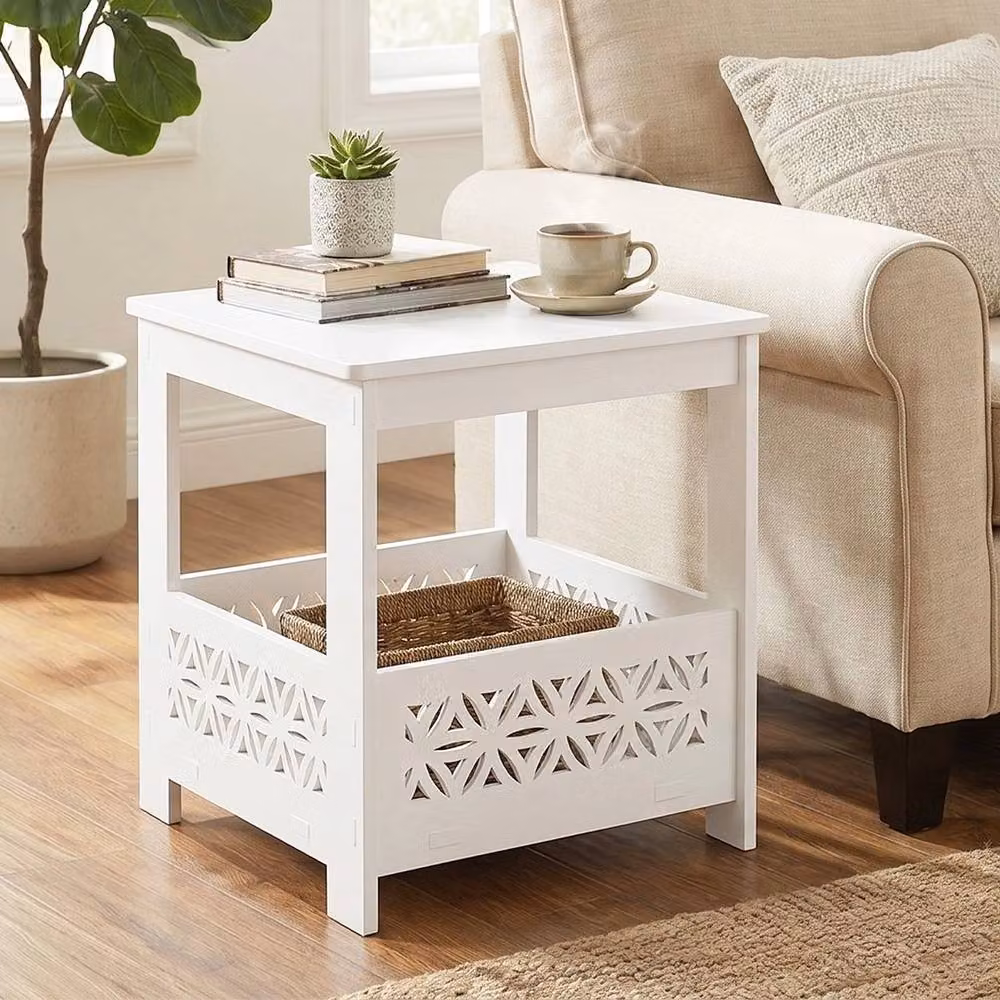 KORVIXA White 2-Tier Square Corner Table, W/D/H: 100 x 100 x 39.62 cm – 2