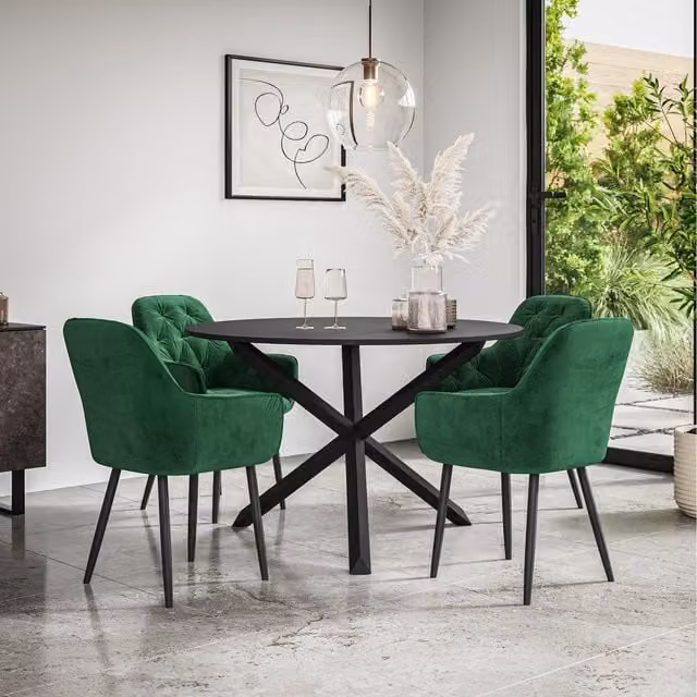 More4Homes Malvern Round Black Dining Table Set with 4 Green Anika Velvet Chairs and Black Oak Legs, Diameter: 120 cm, Height: 75 cm
