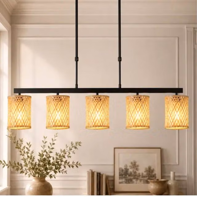 Garwarm 5-Light Rattan Farmhouse Boho Linear Kitchen Island Pendant Light in Brown and Multicolour