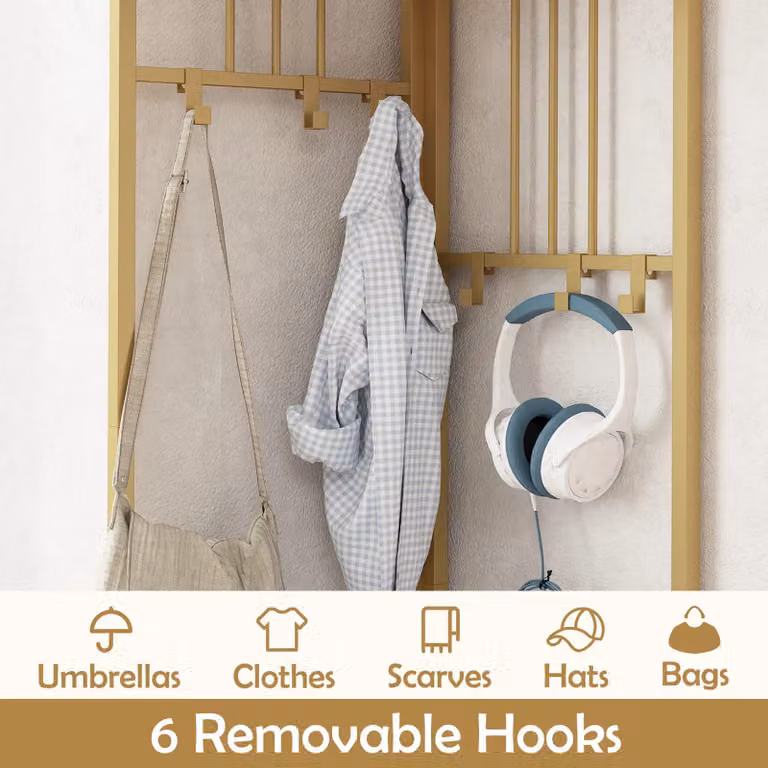 Costway 4-Tier Hall Tree Coat Rack and Shoe Shelf Organizer with Bench, White and Gold