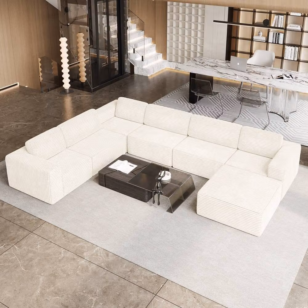 Dprodo Corduroy Modular 6-Seater L-Shape Corner Sofa with Matching Ottoman in Beige – 4