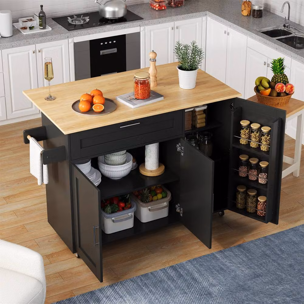 Merax Black Kitchen Island Trolley with Foldable Worktop and Rolling Metal and Wood Design – 2