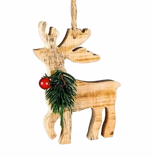 Shatchi Rustic Wooden Reindeer Hanging Christmas Tree Decoration, Brown and Multicolour, W/D/H: 12 x 8 x 1.5 cm