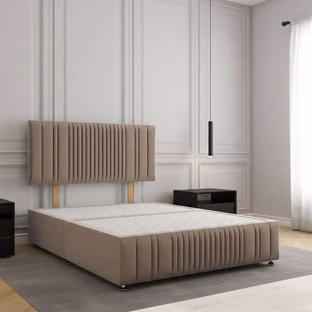 Regional Furnishings Plush Velvet Divan Bed with 24 inch Headboard and Footboard in Bronze, King Size, W/D/H: 180 x 200 cm