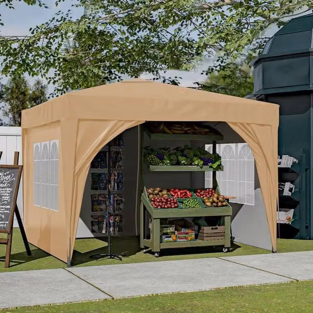 BIRCHTREE Pop Up Freestanding Gazebo in Beige and White