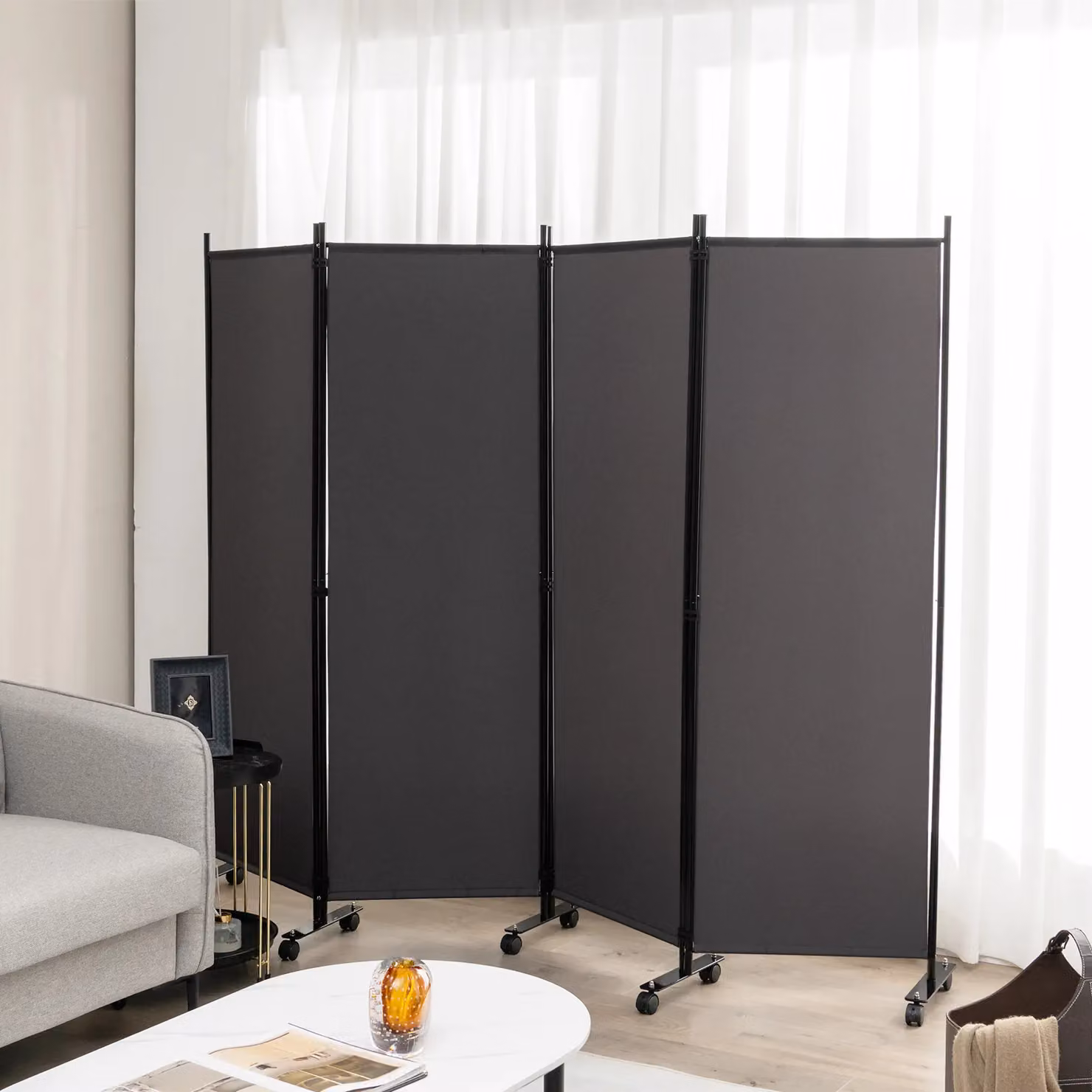 Costway 4 Panel Rolling Room Divider in Dark Grey – 6