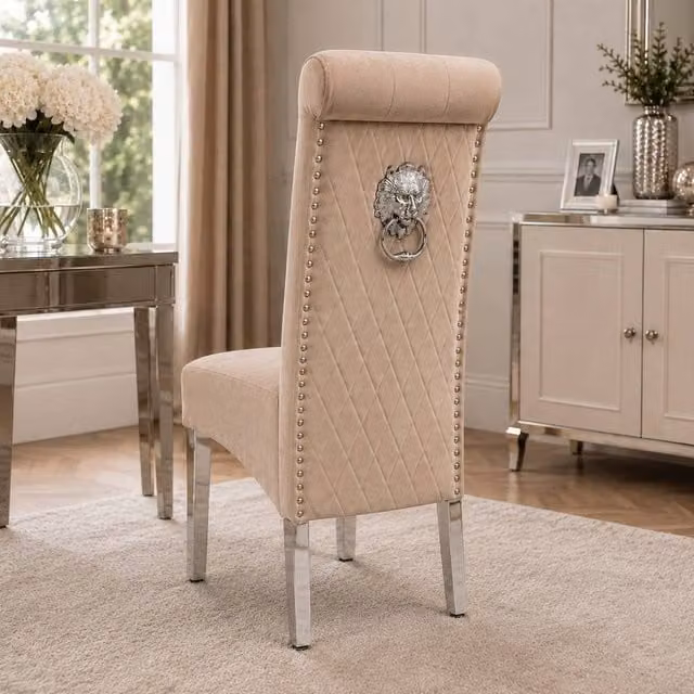 Stratus Interiors Emma Tall Velvet Lion Knocker Dining Chair in Beige – 1