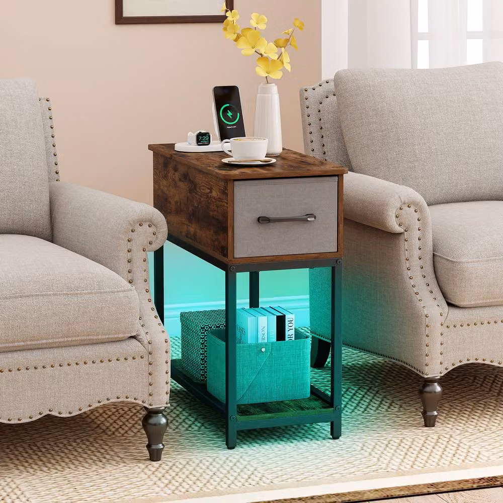 Costway Industrial Narrow Side Table with Charging Station and Drawer in Brown – 3