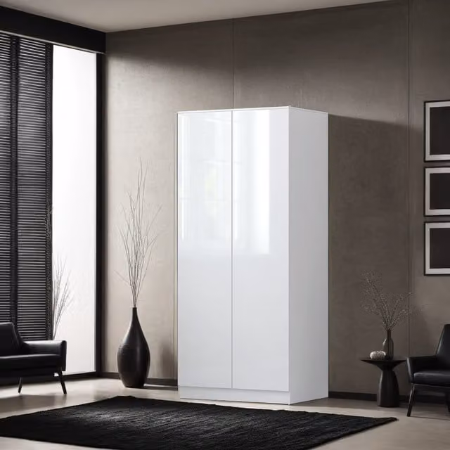 FWStyle Modern High Gloss White 2 Door Double Wardrobe with Soft Close Push to Open Doors