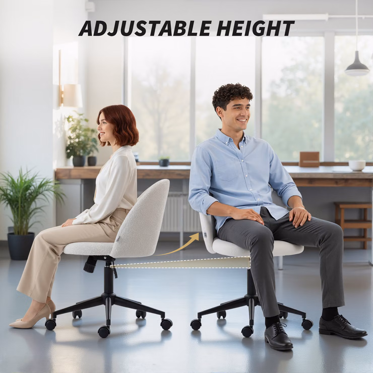 HOMCOM Modern Bouclé Task Chair with Castors and Weight Adjustment, White – 3