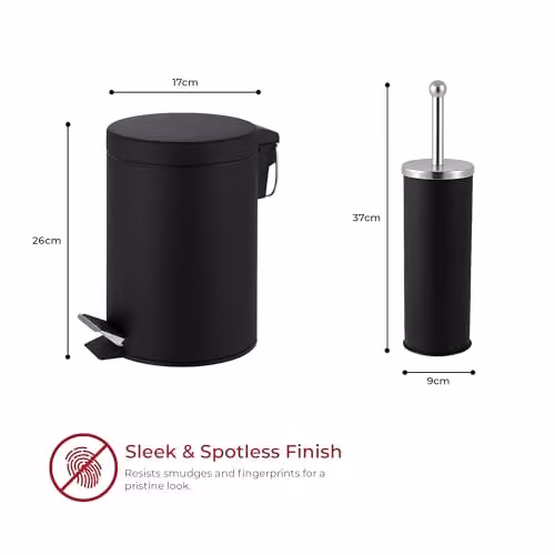 iTrend 3L Black Pedal Dustbin and Toilet Brush Set with Holder, Made from Powder Coated Steel and Stainless Steel – 3
