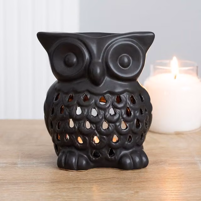 Jones Home & Gift Black Ceramic Owl Oil Burner for Tealights, W/D/H: 12 x 11 x 8 cm