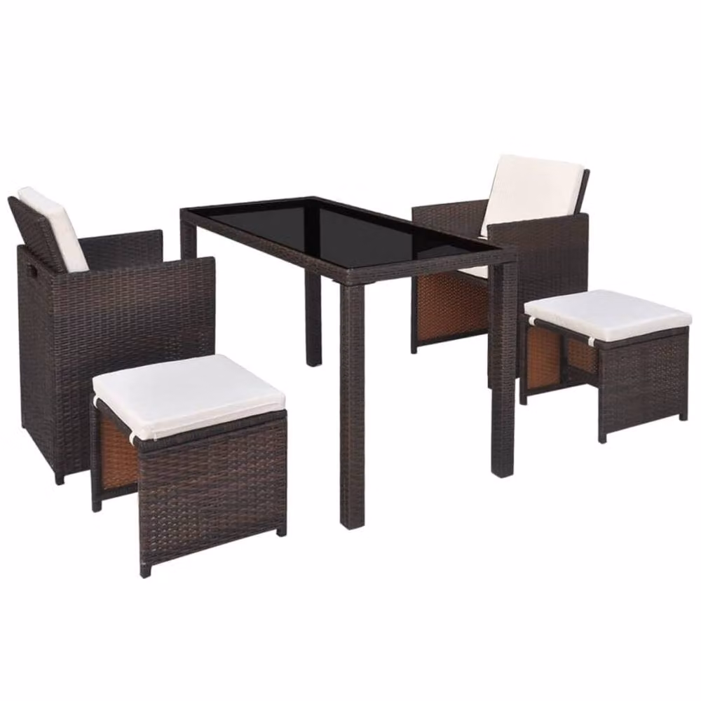 Berkfield Home 5 Piece Outdoor Dining Set with Cushions in Brown Poly Rattan and Glass – 3
