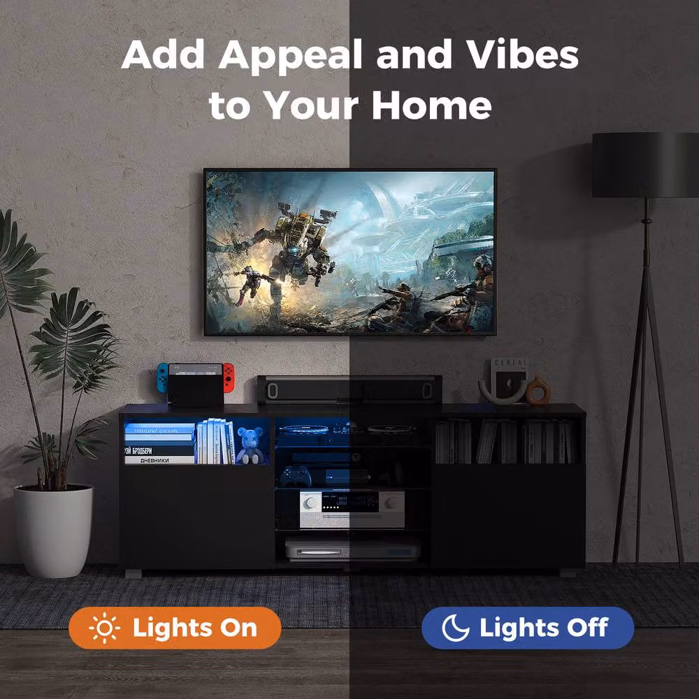 Costway Modern Black TV Stand Console Table with Glass and Integrated Lighting for 65 inch TVs – 4