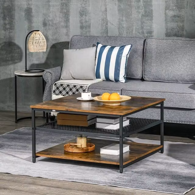 STILVORA Industrial Coffee Table with 3-Tier Wood and Metal Storage Shelves in Brown and Black – 1