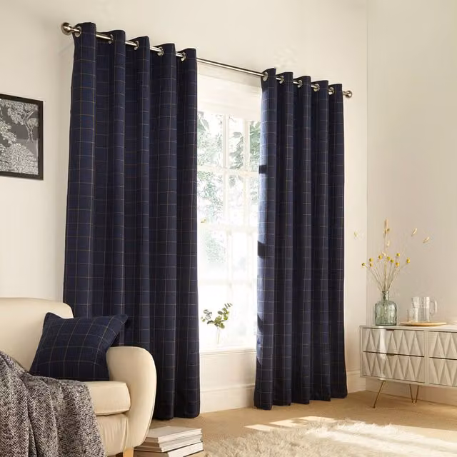 Make It A Home Ellis Check Room Darkening Eyelet Curtain Pair in Blue, W: 183 cm, H: 168 cm