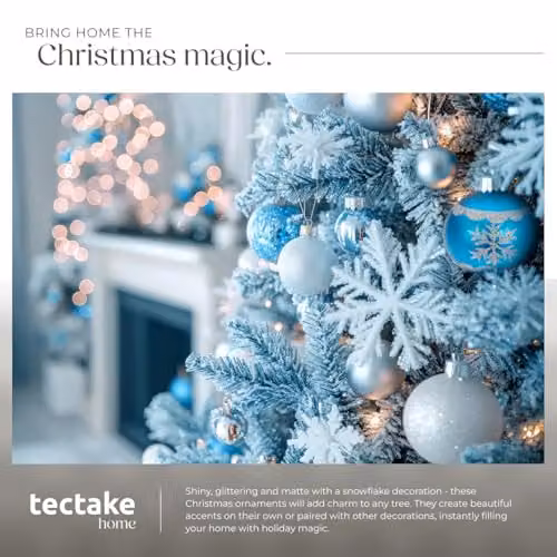 tectake 64-Pack Christmas Baubles in Blue and Silver with Glossy, Glittery and Snowflake Designs – 5