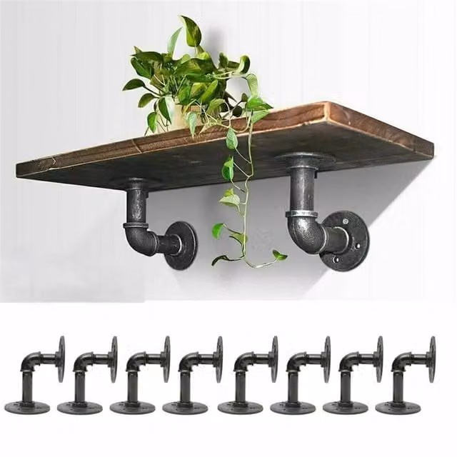 VOGREX 8-Piece Rustic Industrial Floating Shelf Pipe Storage Kit in Matt Black Metal – 1