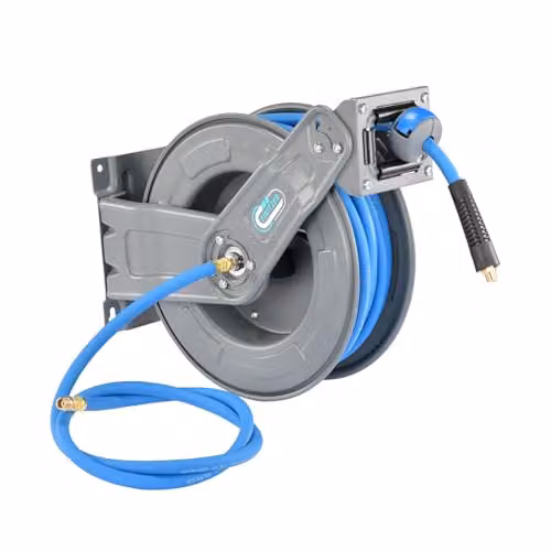 SwitZer Heavy Duty Retractable Air Hose Reel in Grey with 15m Hybrid Polymer Hose and Steel Double Arm Wall Mounted Construction