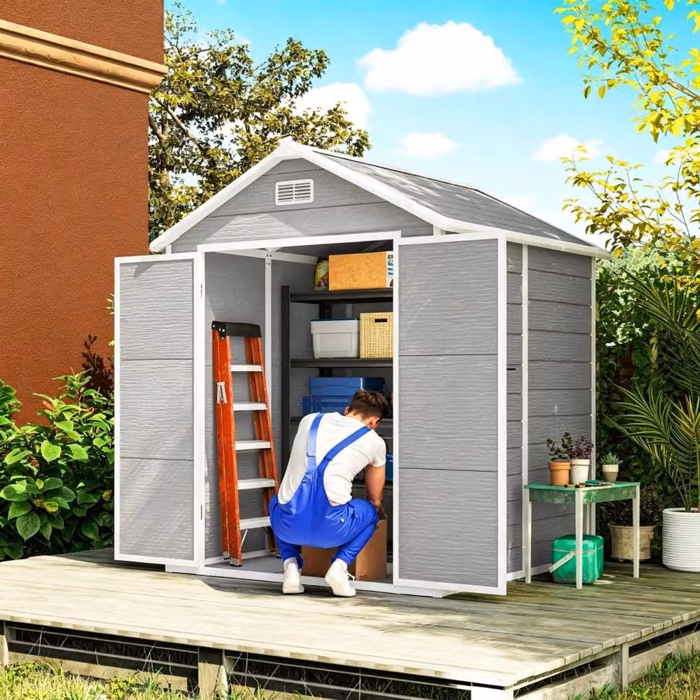 STILVORA Grey Garden Shed with Floor, Window and Lockable Double Doors W: 182 cm, D: 151 cm, H: 219 cm – 2