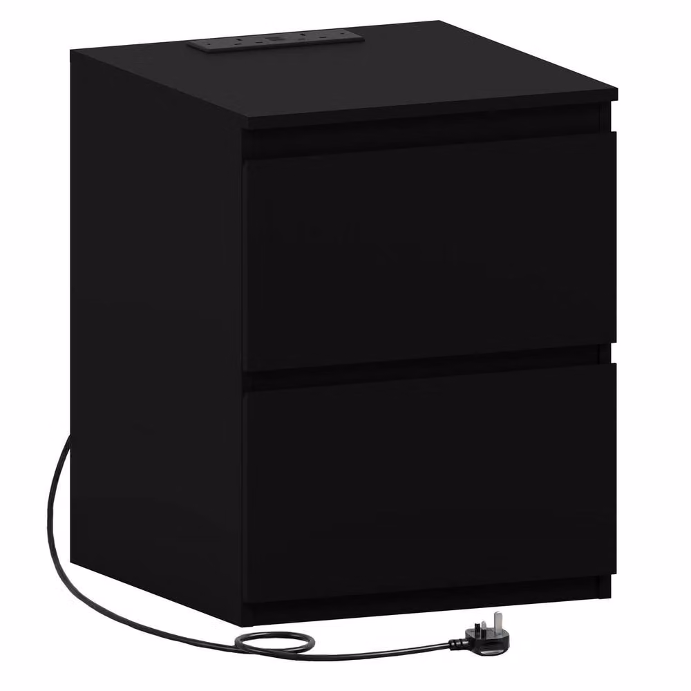 Vida Designs Denver 2 Drawer Large Bedside Chest with Power Outlet in Black – 2