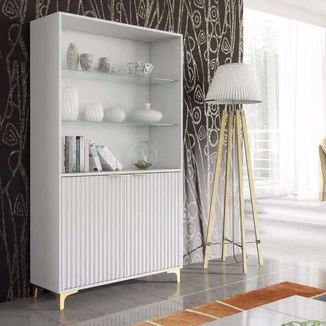 Creative Furniture Tide Crest Modern Display Cabinet with Glass Doors and Internal Shelves, White and Gold, Height: 175 cm