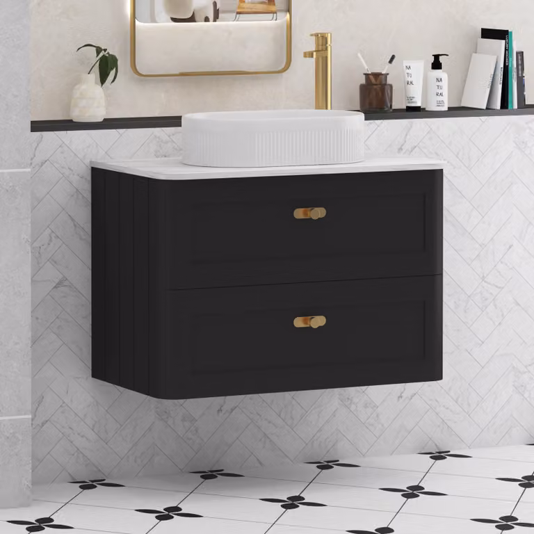 Royal Bathrooms Henley 800mm Matt Nocturne Black Wall Hung 2 Drawer Vanity Unit with Lyon Basin and Brushed Brass Knob