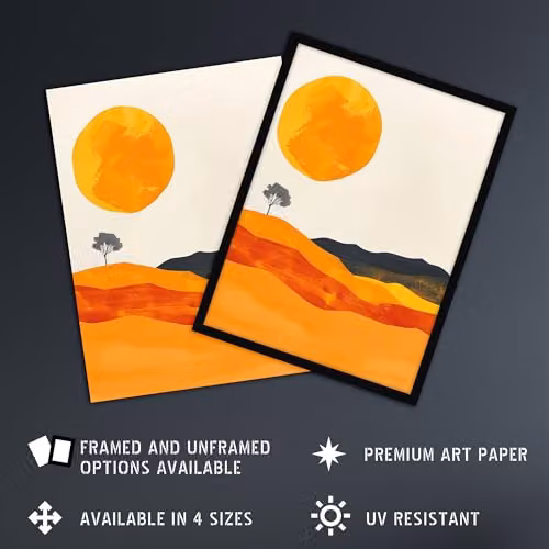 Artery8 Abstract Landscape Lone Tree Boho Wall Art Poster Print on Thick Paper, Orange, W: 45.7 x H: 61.0 cm – 2