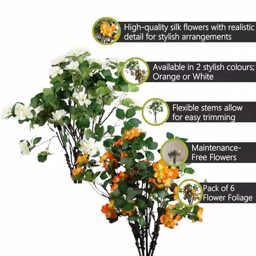 Pegdev Pack of 6 Artificial Flower Foliage Sprays with White and Orange Silk Leaves, 60 cm – 2