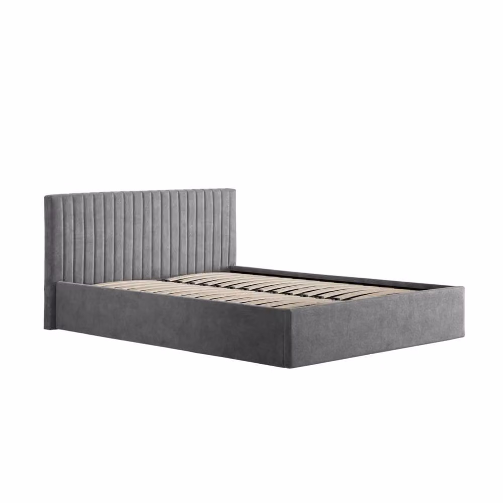 Wyld Haus Dublin King Size Ottoman Bed in Silver Grey with Ribbed Velvet Upholstered Headboard and Lift Up Base, W/D/H: 152.4 x 180 x 200 cm – 2