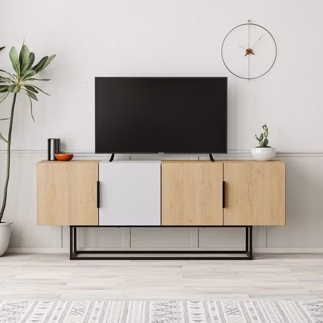 Decortie Tontini Modern 4-Door TV Unit in Oak with Metal Legs, W: 150 cm, H: 80 cm, D: 42 cm