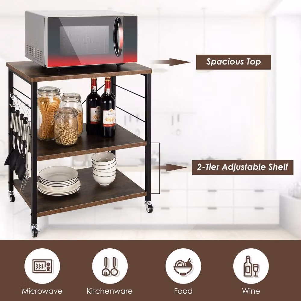 VOGREX 3-Tier Rolling Microwave Cart with Adjustable Shelves in Rustic Brown – 3
